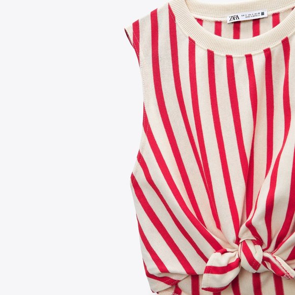 NWT ZARA Women M CROP TOP WITH KNOT Sleeveless Red Cream Stripe Stretch - Picture 5 of 7